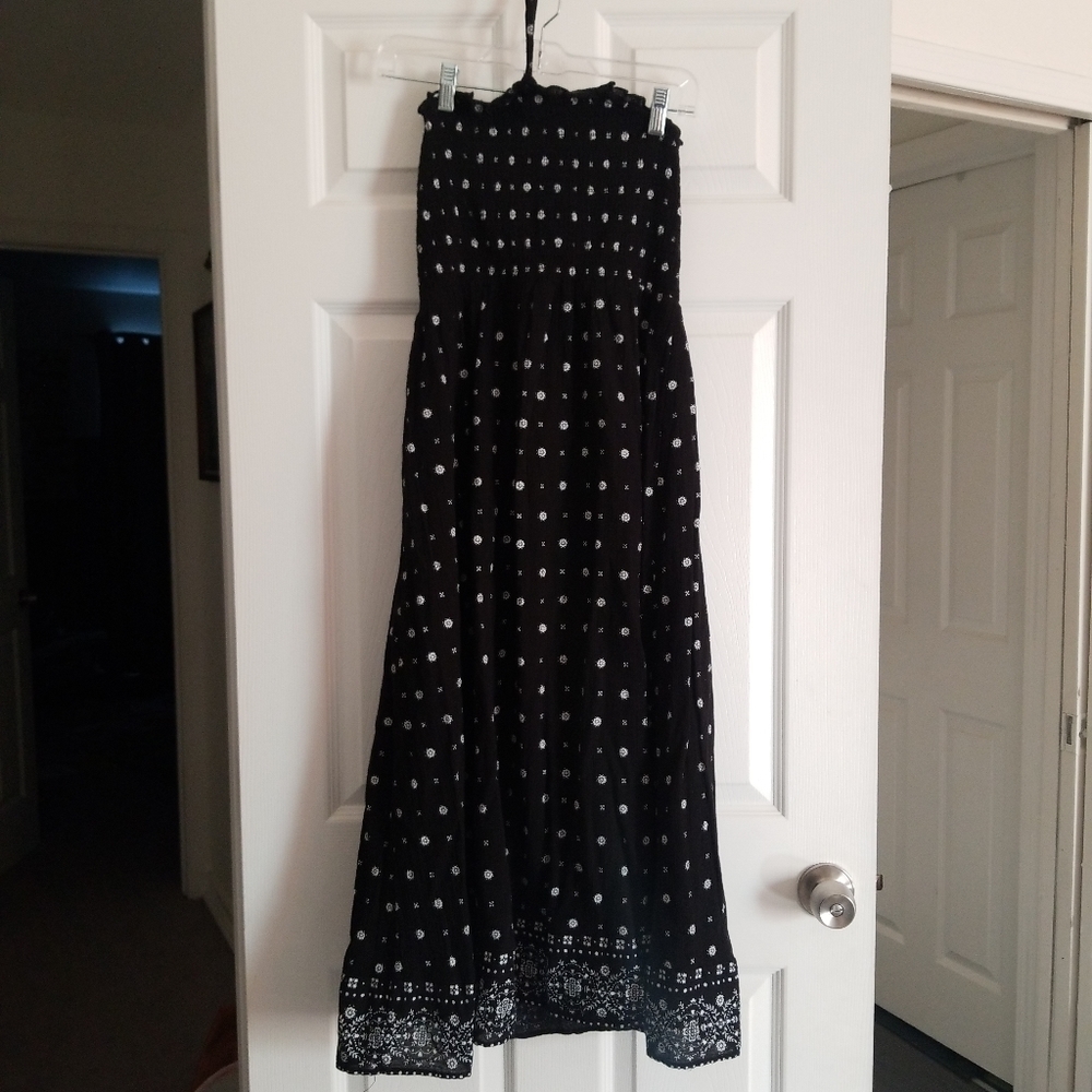 Black and white smocked halter midi dress